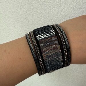 Sequin Textured Black and Silver Cuff Bracelet with Beadwork